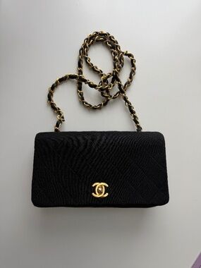 Chanel Vintage Mini Fabric & Leather Flap – Black/Gold